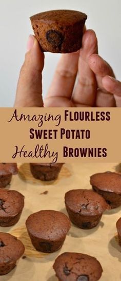 a person holding up a chocolate cupcake with the words amazing flourless sweet potato healthy brownies