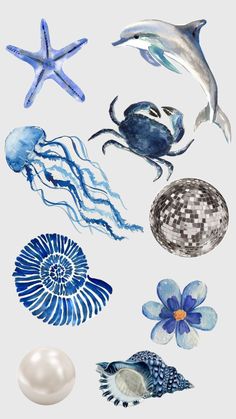 an assortment of sea creatures painted in watercolor on white paper with blue flowers and seashells