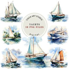 watercolor sailboats and yachts are featured in this postcard design for the digital artist studio