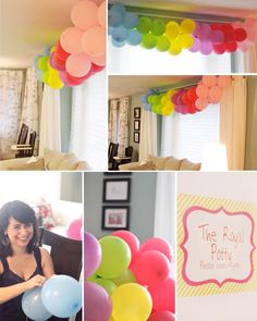 a collage of photos with balloons and signs