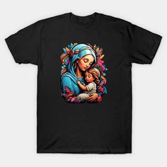 the virgin mary holding a child in her arms with colorful leaves on it's chest