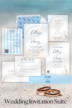 This editable wedding invitation suite captures the romance and ease of coastal luxury in every detail, with colors of soft blue and warm beige, and perfectly sets the tone for your day. Each piece has been thoughtfully designed to provide a cohesive, enchanting, and breezy look from the stunning retro styled blue Envelope Liner offering a delightful surprise upon opening, to the Belly Band wrapping everything together in an elegant bundle. 
This beautiful wedding stationery is editable in Canva and can be easily customized with your event details and sent out to your guests. Artwork can be added/resized/deleted; text color, font, & text size can be changed; background color can be changed.