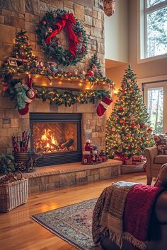 a living room filled with furniture and a fire place covered in christmas wreaths next to a large window