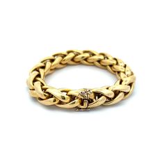 Crafted from radiant 18 karat yellow gold, this bracelet features a unique giant wheat chain design that will add sophistication to any look. The high polished yellow gold exudes a luminous shine, making this piece truly eye-catching. While there is a slight denting present, it only adds to the character and individuality of this one-of-a-kind bracelet. With a double safety clasp, you can wear this bracelet with confidence and ease. Elevate any look with this modern and stylish bracelet, perfect for any occasion. Elegant Wheat Chain Bracelet For Formal Occasions, Luxury Yellow Gold Chain Bracelet With Box Chain, Luxury Yellow Gold Box Chain Bracelet, Luxury Wheat Chain Jewelry, Classic Gold Bracelets With Wheat Chain, Classic Gold Chain Bracelet With Wheat Chain, Classic Gold Wheat Chain Bracelet, Luxury Yellow Gold Cable Chain Bracelet, Luxury Cuban Link Gold Chain Bracelet For Formal Occasions