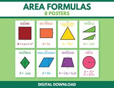 the book cover for area formulas 8 posters with different shapes and their corresponding numbers