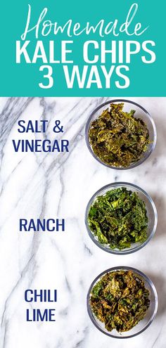 the ingredients for homemade kale chips are shown in bowls on a marble countertop