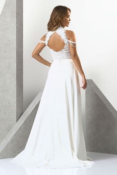 White sheer gown with monochrome pearl embroidery and detachable satin trail. - Aza Fashions High Neck Gown, Pearl Embroidery, Sheer Gown, Ladies Gown, Aza Fashion, Wedding Accessories, High Neck, Hand Embroidered, Satin