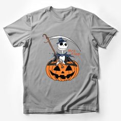 Halloween Pumpkin T-Shirt, Jack Skellington Inspired Graphic Tee, Unisex Cotton Shirt, Fall Season Casual Wear, Spooky Outfit Male T-Shirt Custom graphic T-Shirt.Customize your color Themed Short Sleeve T-shirt For Fall, Halloween Themed Short Sleeve Shirt, Themed Halloween Short Sleeve Shirt, Fall Themed Short Sleeve T-shirt, Halloween Themed Pre-shrunk T-shirt, Pre-shrunk Themed T-shirt For Halloween, Outfit Male, Mountain Graphic Tee, Outfit Female