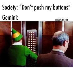 a man in a suit and green hat standing next to an elevator with the caption, society don't push my buttons genni