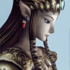 a digital painting of a woman with long hair and large earrings on her head, looking to the side