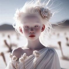 a woman with white hair and flowers in her hair, wearing a white dress on the beach