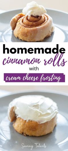 homemade cinnamon rolls with cream cheese frosting on top and the title overlay reads homemade cinnamon rolls with cream cheese frosting