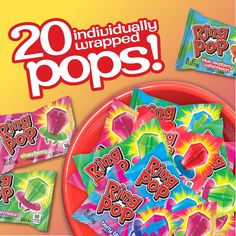 an advertisement for ring pop with the words, 20 individually wrapped pops