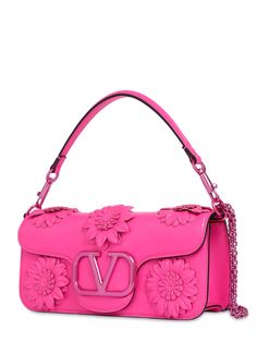 Find VALENTINO Loco Flower Leather Shoulder Bag on Editorialist. Height: 13cm Width: 27cm Depth: 6cm. Strap drop: 65cm. Top handle drop: 42cm. Detachable metal chain strap. Detachable leather top handle. Front flap with magnetic closure. Metal logo detail. 3D flower details. Tonal metal hardware Ski Accessories, Valentino Bags, Sports Accessories, Metal Logo, Swim Accessories, Metallic Logo, Metal Hardware, Pink Leather, Leather Top