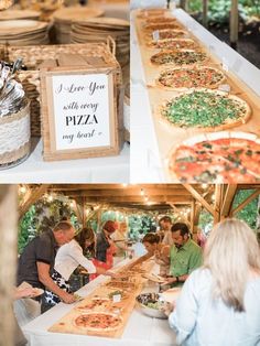 there are many different types of pizzas on the table at this wedding reception, and one is for sale