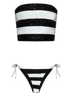 Black and white striped sequins bikini from Oseree featuring a bandeau top and side-tie bikini bottoms. Best Wallet, Bandeau Top, Shirt Accessories, Top Shoes, Lace Up Shoes, Pump Shoes, Try On, Tom Ford, Bathing Suit