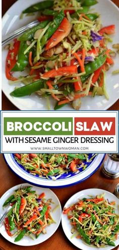 broccoli slaw with sesame ginger dressing on two plates