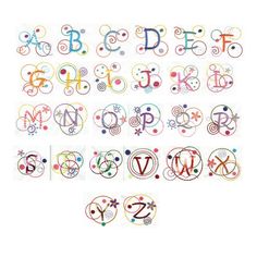 the letters and numbers are made up of circles, dots, and swirls in different colors