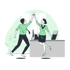 two people are dancing in an office with their hands up to each other and one person is holding the other's hand