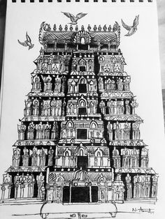 a drawing of a tall building with birds flying around it and on top of it