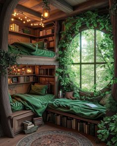 an image of a bedroom with bookshelves and plants on the windowsills