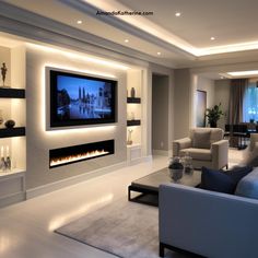 a living room with couches and a flat screen tv mounted on the wall above it