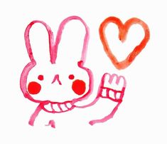 a drawing of a bunny holding a heart in the air with one hand and two fingers up