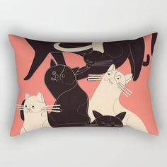 a black cat and two white cats on a pink background rectangular pillow with zipper closure