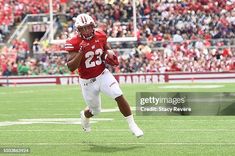 a football player running with the ball in his hand and people watching from the stands