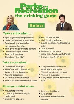 an advertisement for parks and recreation the drinking game rules with two people standing in front of yellow flowers