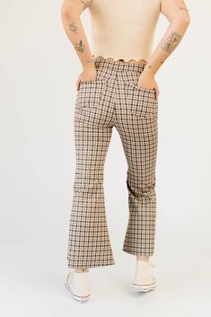 fall called + said you needed some high-waisted plaid pants. featuring a retro-inspired brown + red plaid pattern, these flared bottoms make your body look bomb. the perfect statement pants for date nights, office outfits, + everything in between; we love them dressed up with a blouse + heels, or down with a graphic tee + sneakers. burgundy // high waisted, flare leg, one bottom fly zip, back pockets paired with our kacey knit top model is 5'8" + wearing a small measurements are approximate + taken while laying flat small : waist 28” inseam 26.5” length 37.5” medium : waist 30” inseam 26.5” length 38” large : waist 32” inseam 27” length 38.5" more fit + fabric info : polyester, spandex // fabric has little stretch // fits true to size Flared Bottoms, Statement Pants, Plaid Trousers, Date Nights, Plaid Pants, Office Outfits, Small Waist, Top Model, Red Plaid