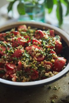 a bowl filled with rice and tomatoes on top of a table next to a potted plant