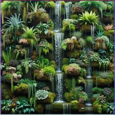 an image of a waterfall in the middle of a wall with plants growing on it