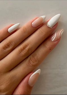 Nail Art Design For Marriage, Almond Nails Trendy White, Milky White Nail Design Ideas, Simple Nail Ideas Neutral Colors, Nails Beige Aesthetic, White Nails Almond Shape, Long Almond French Tip Nails, White Aesthetic Nails, Acrylic Almond Nails Ideas