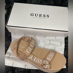 Brand New. Rose Gold Trendy Beige Sandals, Guess Sandals, Logo Sport, Guess Shoes, Sport Sandals, Toe Sandals, Sports Logo, Hook And Loop, Shoe Game