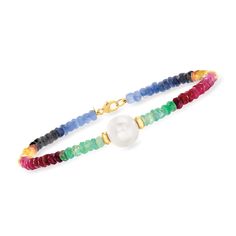 Ross-Simons - 9-10mm Cultured Pearl, 25.00ct t. w. Multicolored Sapphire Bead Bracelet. 8.25". Slip on this fabulous 25.00 ct. t. w. round faceted multicolored sapphire bead and 9-10mm cultured freshwater pearl bracelet for an instant dose of vibrancy and verve! You'll love admiring the rainbow of gemstones, punctuated with a large lustrous pearl as the focal point. Each bracelet is unique; due to the rough-cut nature of the beads, stone count, size and gemstone color pattern will vary. Finishes Personalized Charm Necklace, Cultured Pearl Bracelet, Elephant Pendant Necklace, Emerald Earrings Studs, Glass Drop Earrings, Turquoise Drop Earrings, Turquoise Pendant Necklace, Chakra Jewelry, Freshwater Pearl Bracelet