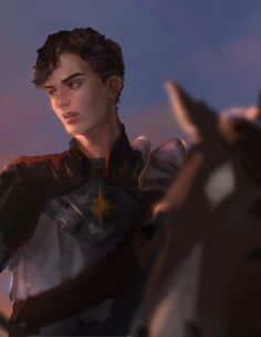 a young man standing next to a horse in front of a sky with some clouds