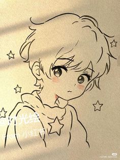 a drawing of an anime character with stars on the wall behind her is shown in black and white