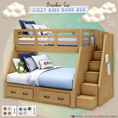 the bunk bed is made up with stairs and storage drawers for children's beds