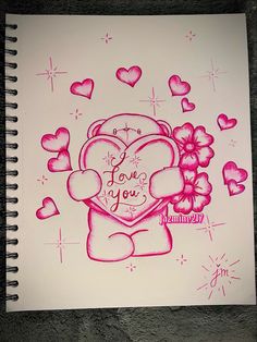 a drawing of a teddy bear holding a heart with the words i love you written on it