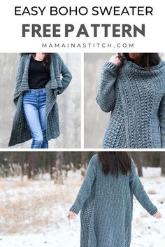 the easy to knit cardigan sweater pattern is shown in three different pictures, including one with