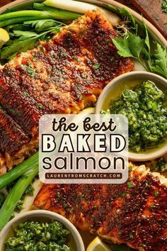 the best baked salmon served with green beans and sauces on a platter next to lemon wedges