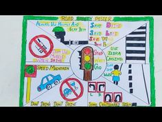 a child's drawing of a traffic light and street signs on a white background