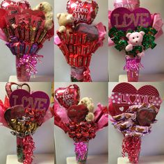 valentine's day bouquets with teddy bears, hearts and chocolates in them