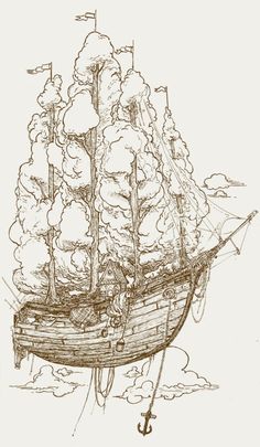 a drawing of a boat with trees on it