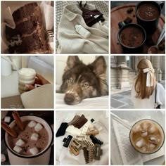 a collage of photos with coffee, hot chocolate and other things