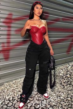 Lily High Rise Distressed Cargo Jeans - Black | Fashion Nova, Jeans | Fashion Nova Consert Outfits, Cute Concert Outfits, Jordan Outfits, Looks Street Style, Leather Corset, Looks Black, Festival Looks, Looks Chic