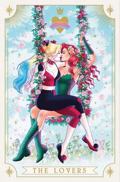 the lovers tarot card is shown with two women hugging each other and surrounded by flowers