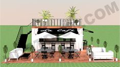 an artist's rendering of a coffee shop with outdoor seating and umbrellas on the roof