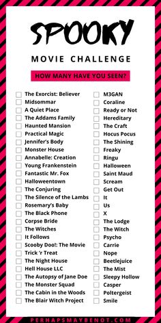 the spooky movie challenge checklist is shown in pink and black with red stripes